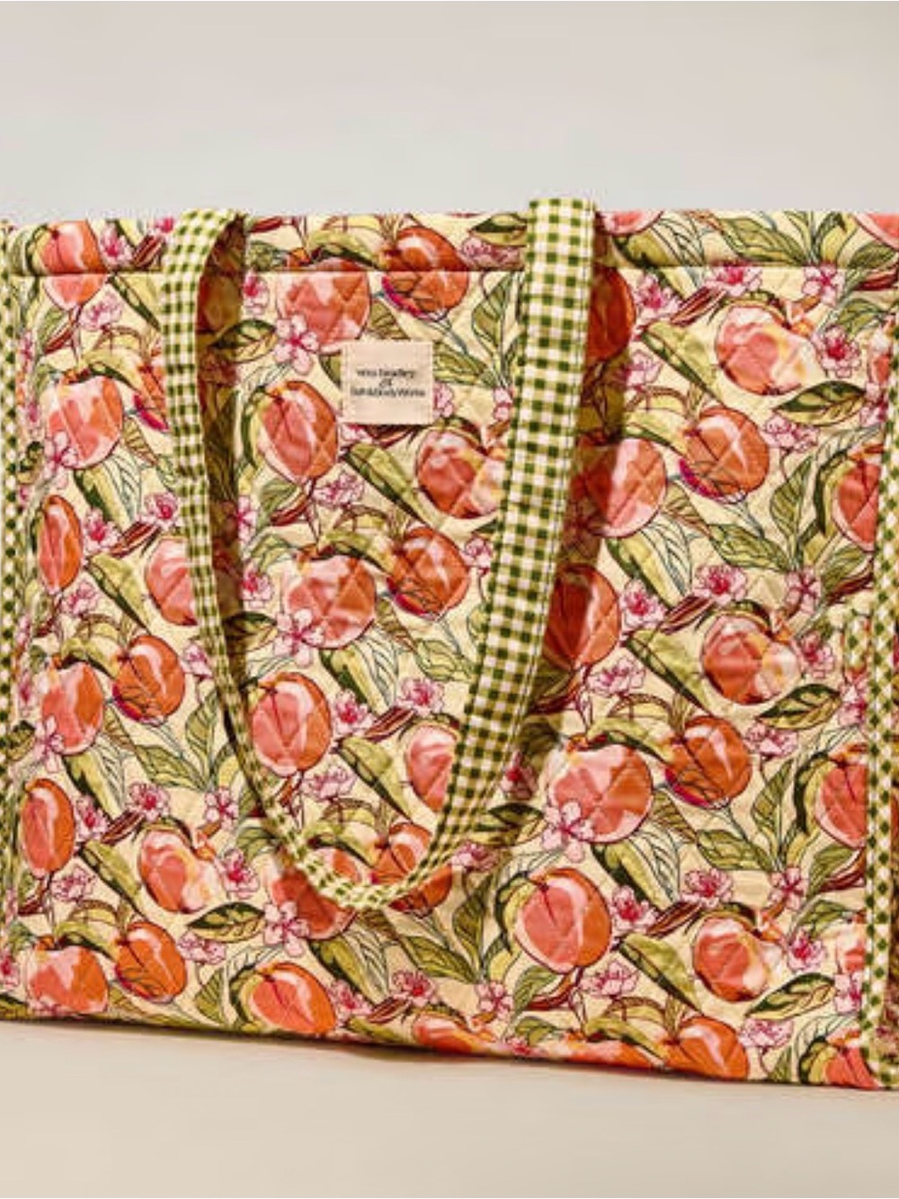 Vera Bradley Peach Print Quilted Tote with Green Gingham Handles